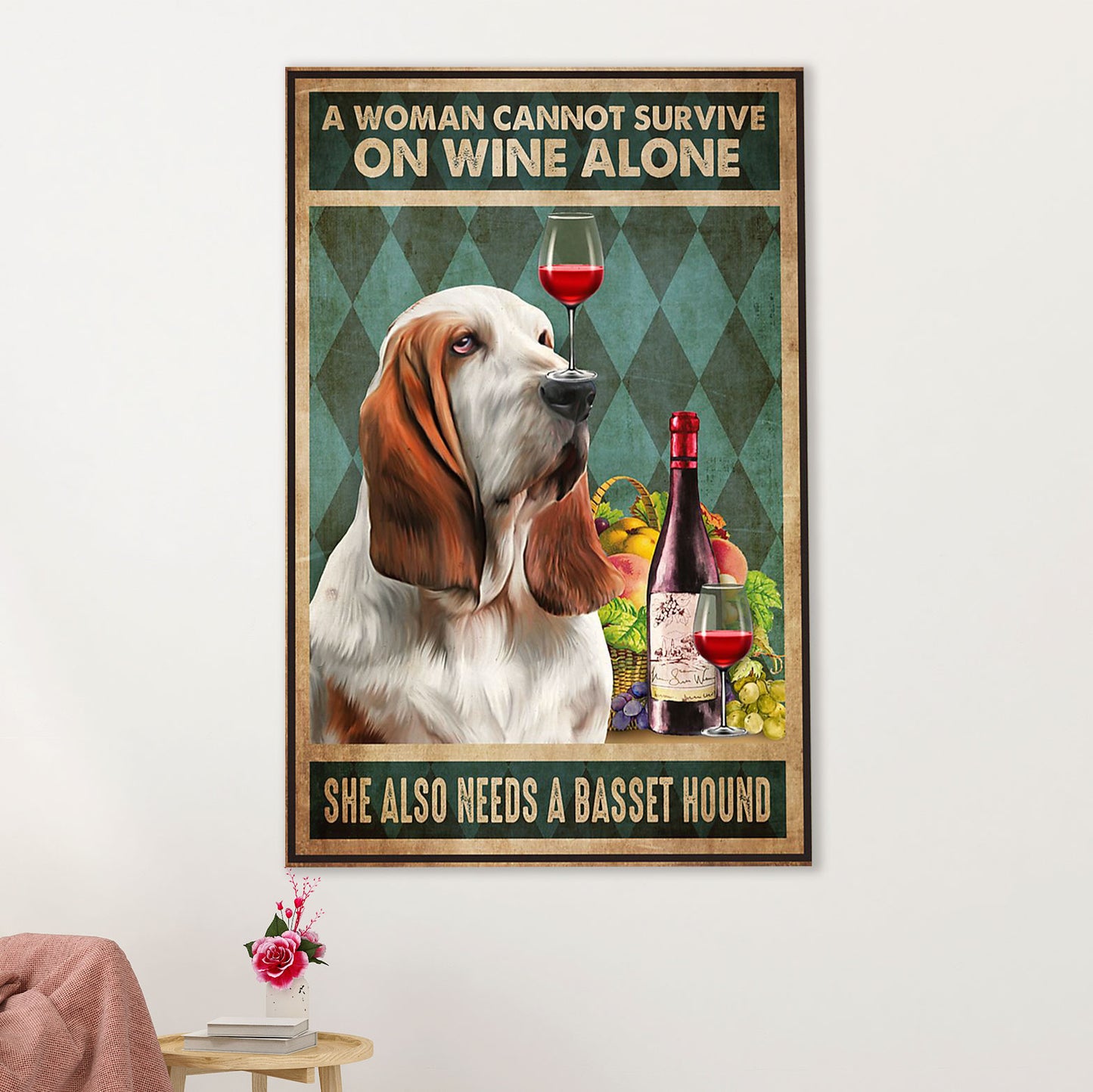 Basset Hound Dog Poster | Woman Loves Dog & Wine | Wall Art Gift for Miniature Basset Hound Puppies Lover