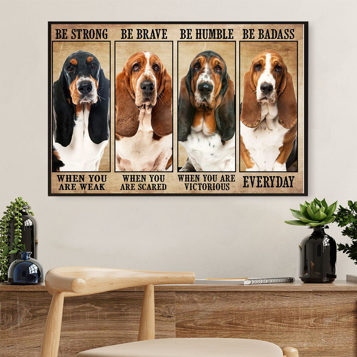 Basset Hound Canvas Wall Art | Dog Be Strong Be Brave | Home Décor Gift for Miniature Puppies Lover