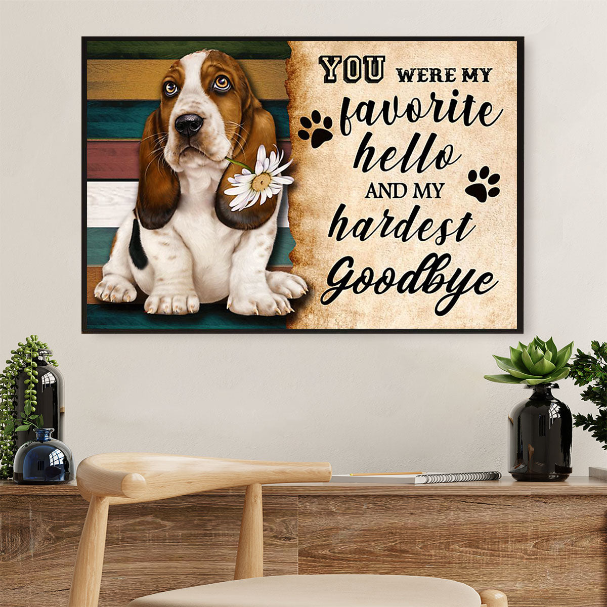 Basset Hound Canvas Wall Art | Favourite Hello | Home Décor Gift for Miniature Puppies Lover