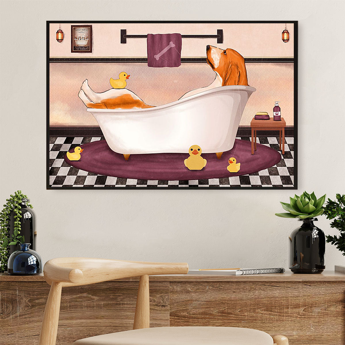 Basset Hound Canvas Wall Art | Funny Dog in Bath | Home Décor Gift for Miniature Puppies Lover