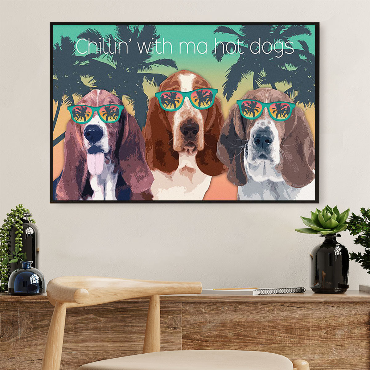 Basset Hound Canvas Wall Art | Summer Beach Chillin With Dogs | Home Décor Gift for Miniature Puppies Lover