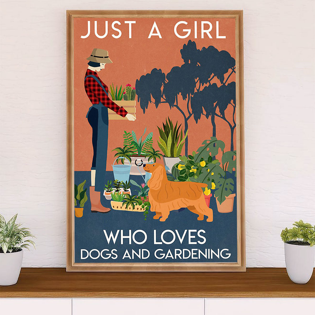 Cocker Spaniel Dog Poster | Girl Loves Gardening & Dogs | Wall Art Gift for Cocker Spaniel Puppies Lover