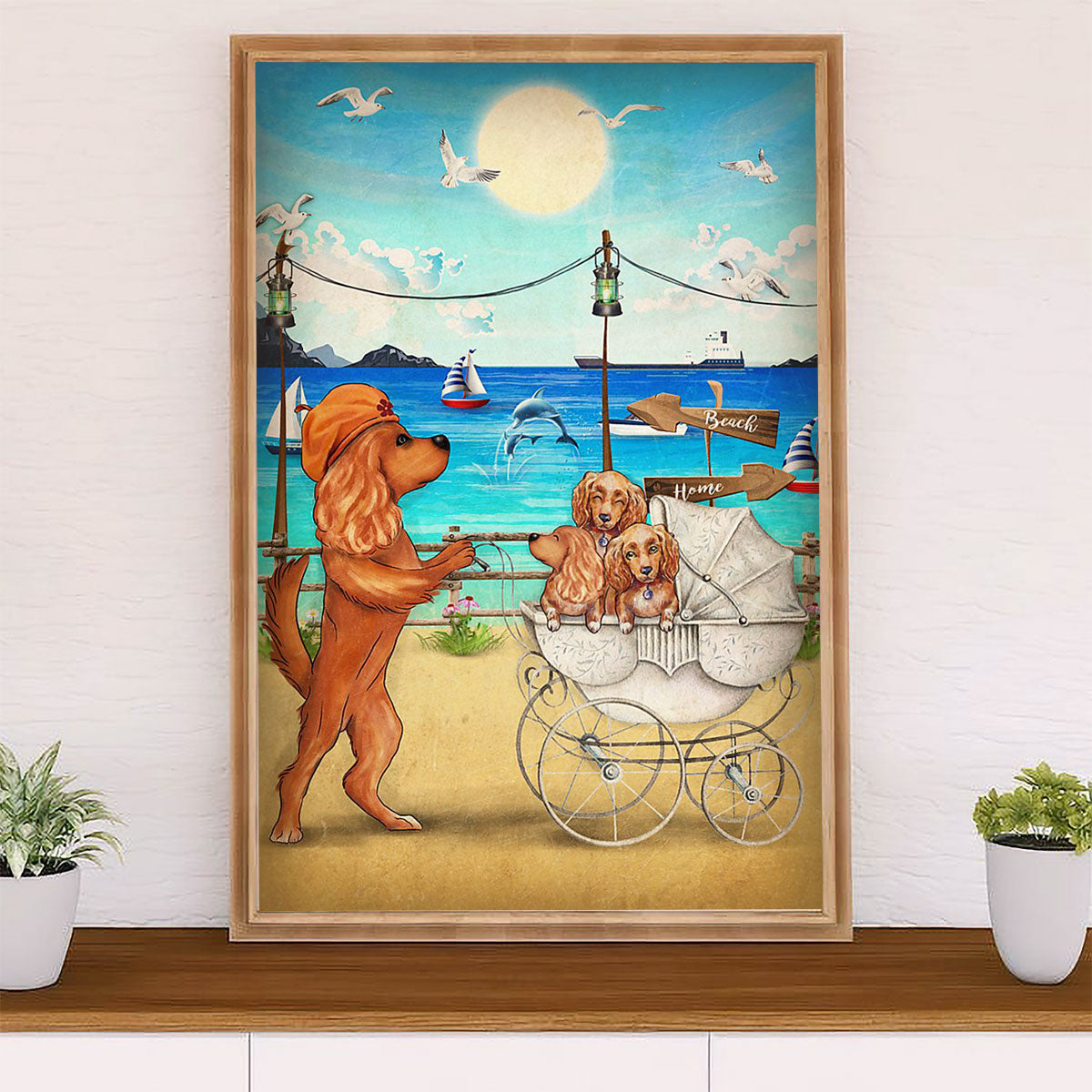 Cocker Spaniel Canvas Wall Art | Dog Mom & Puppies in The Beach | Gift for Cocker Spaniel Puppies Lover