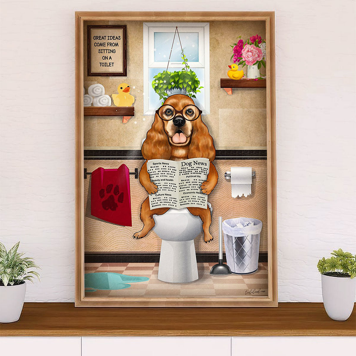 Cocker Spaniel Dog Poster | Funny Dog in Toilet | Wall Art Gift for Cocker Spaniel Puppies Lover