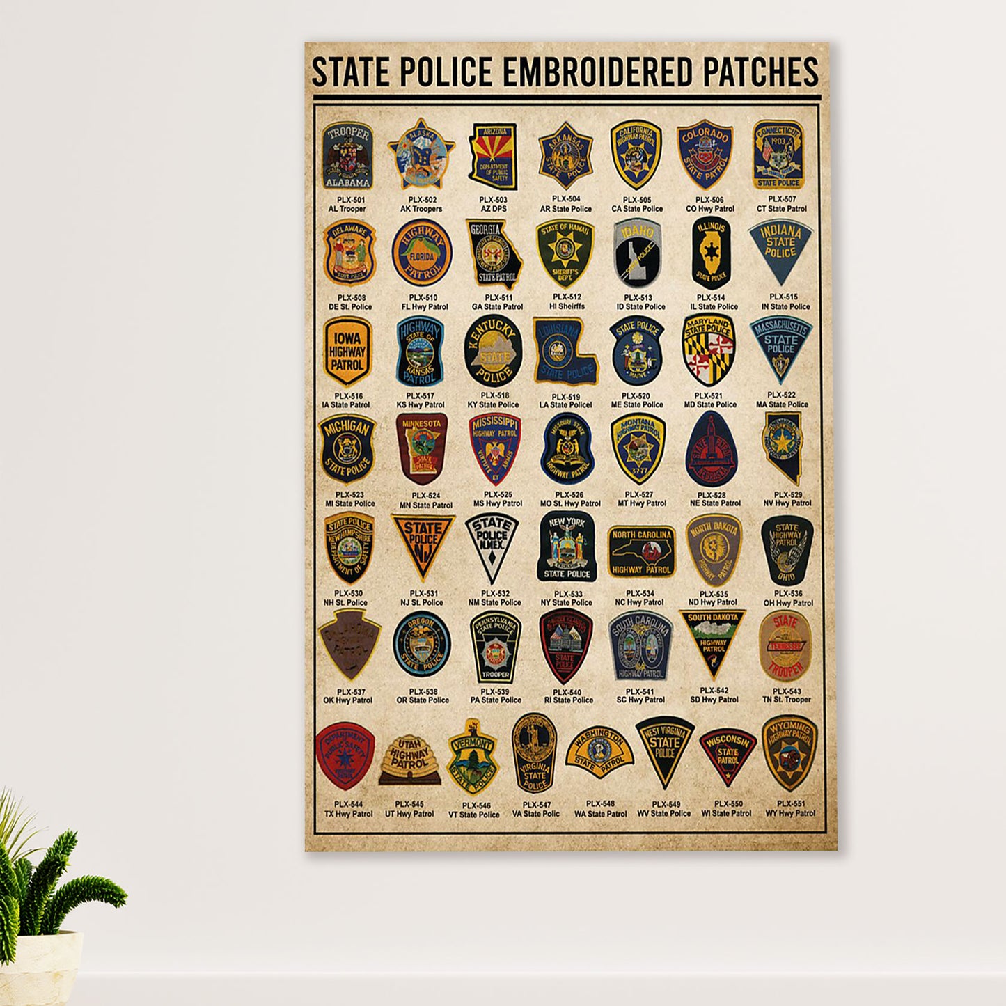 Police Officer Canvas Wall Art | State Police Embroidered Patches | Gift for Policeman