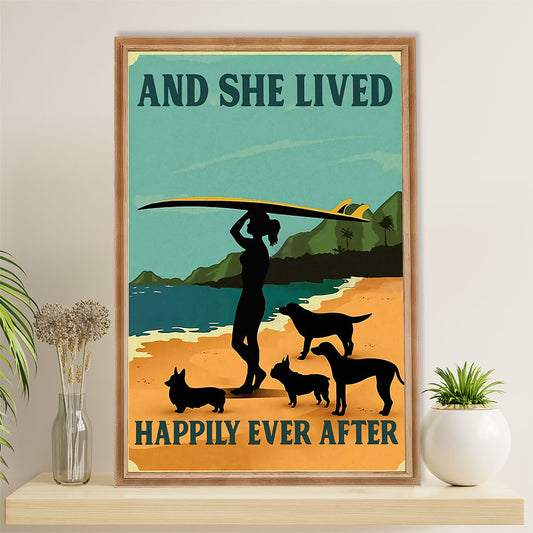 Water Surfing Poster Prints | Girl With Surfboard & Dogs - She Lived Happily | Wall Art Gift for Beach Surfer