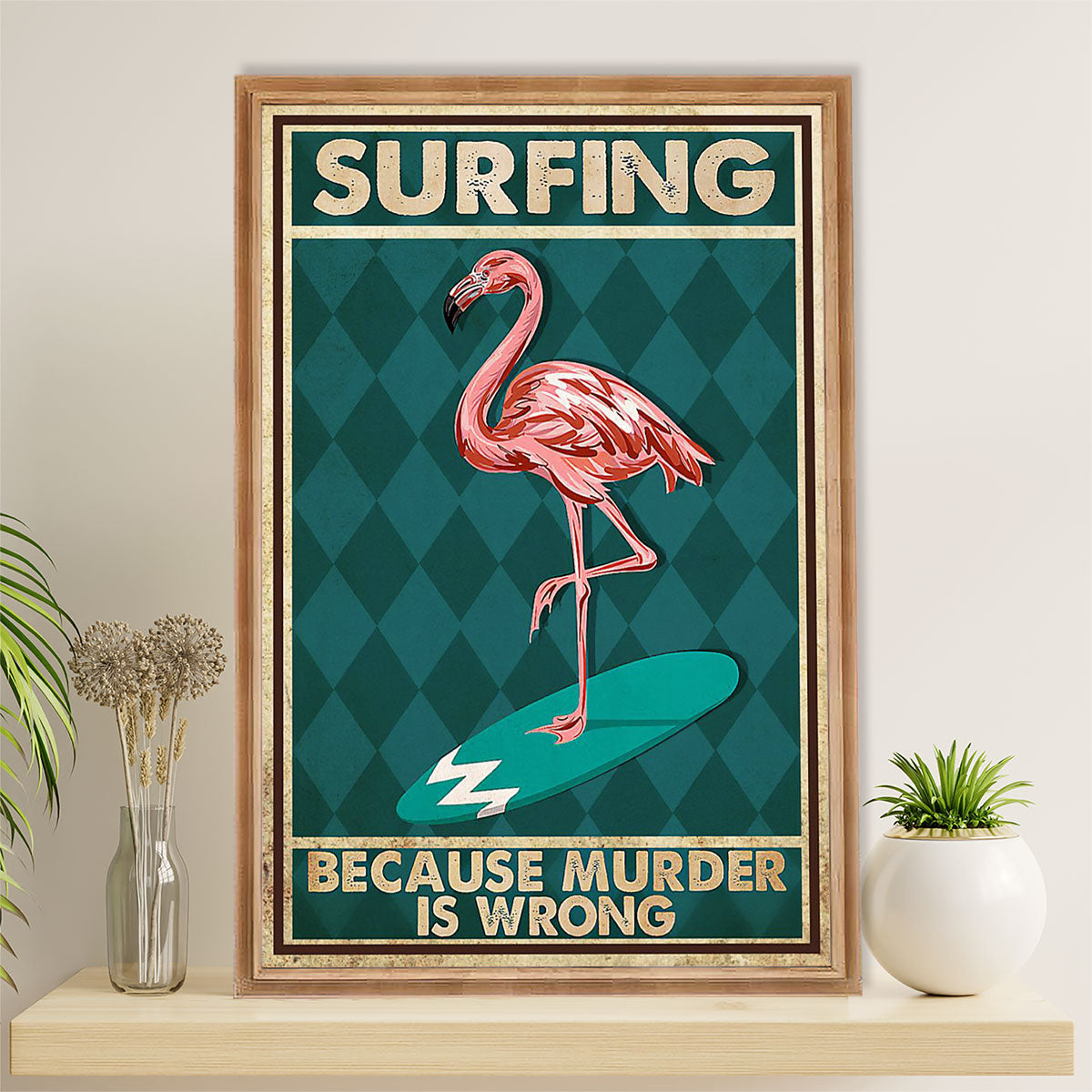 Water Surfing Canvas Wall Art Prints | Flamingo Surfing | Home Décor Gift for Beach Surfer