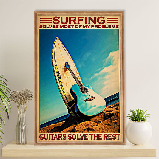 Water Surfing Poster Prints | Surfing & Guitar Loves | Wall Art Gift for Beach Surfer