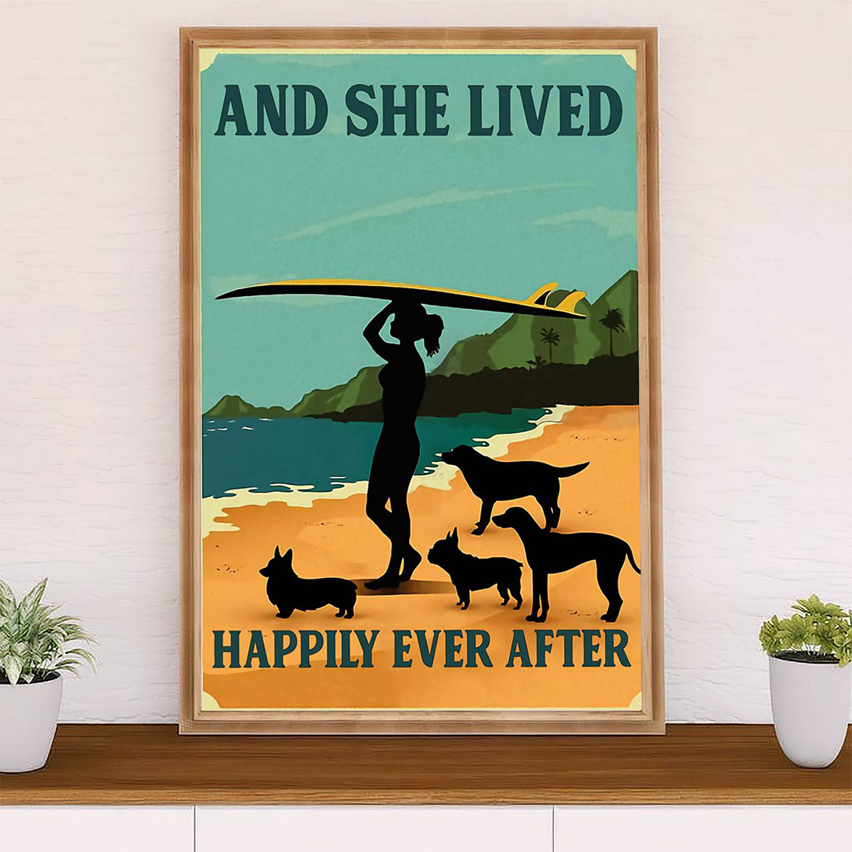 Water Surfing Poster Prints | Girl With Surfboard & Dogs - She Lived Happily | Wall Art Gift for Beach Surfer