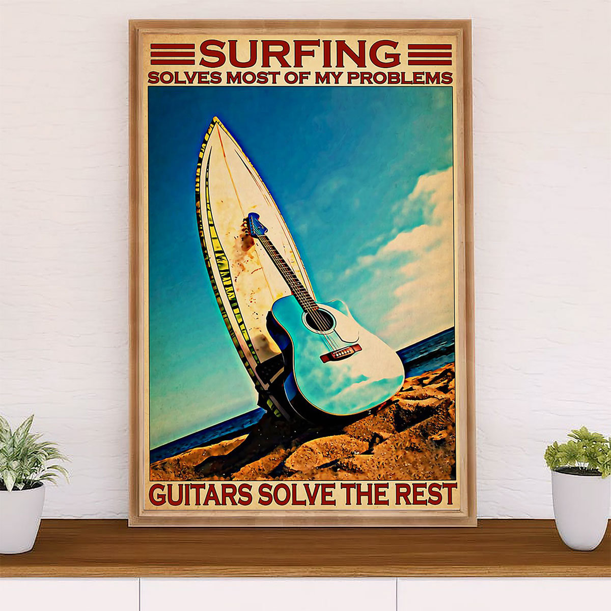 Water Surfing Poster Prints | Surfing & Guitar Loves | Wall Art Gift for Beach Surfer