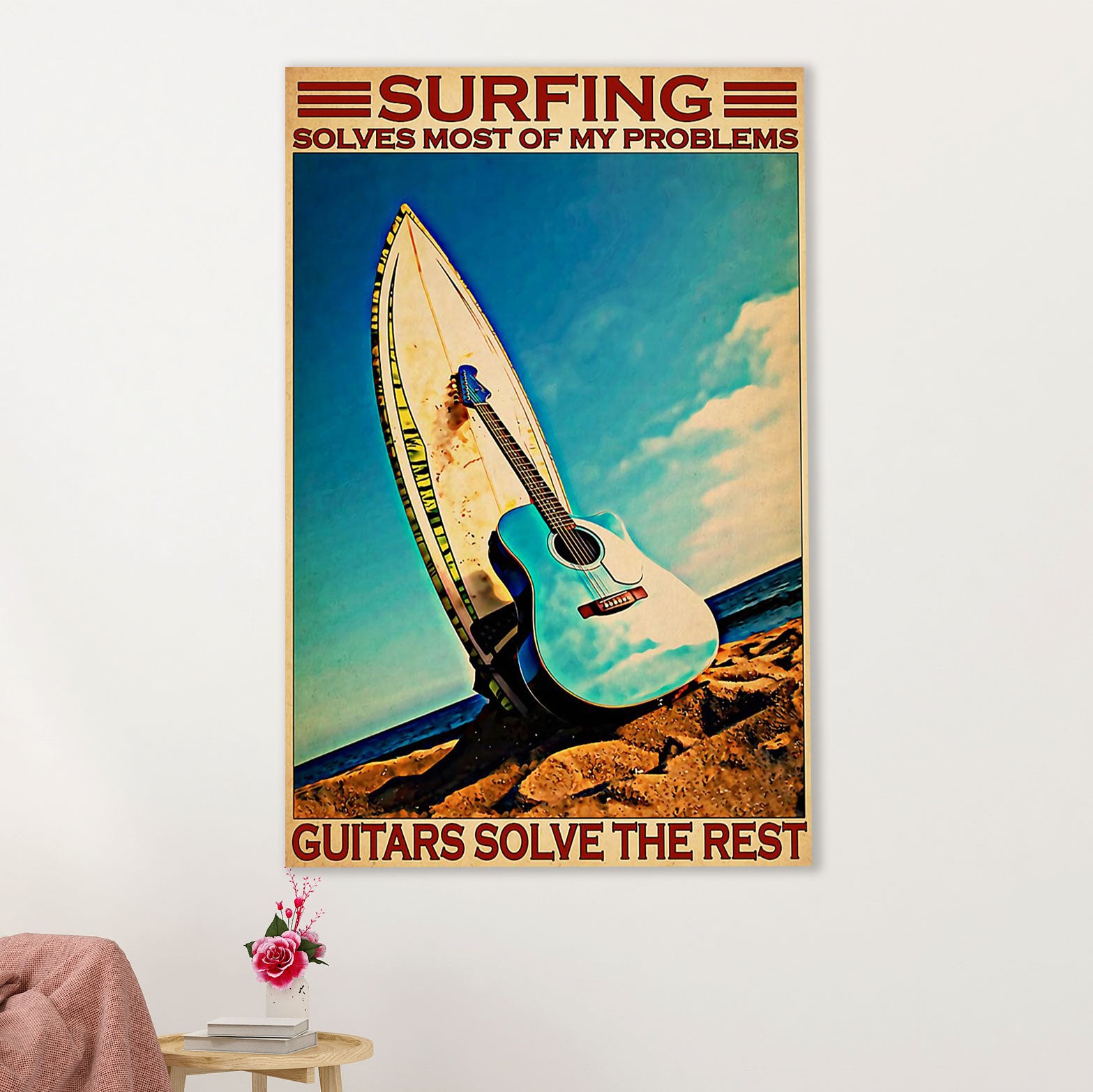 Water Surfing Poster Prints | Surfing & Guitar Loves | Wall Art Gift for Beach Surfer