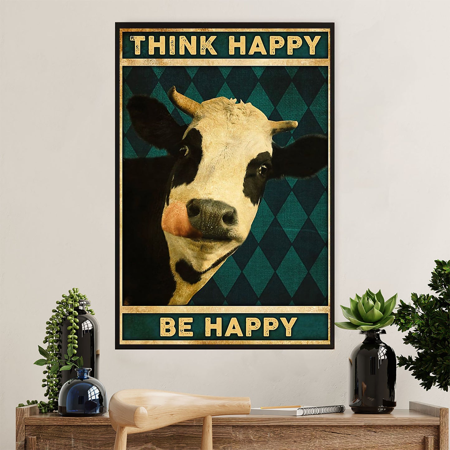 Farming Canvas Wall Art Prints | Cow - Think Happy, Be Happy | Home Décor Gift for Farmer
