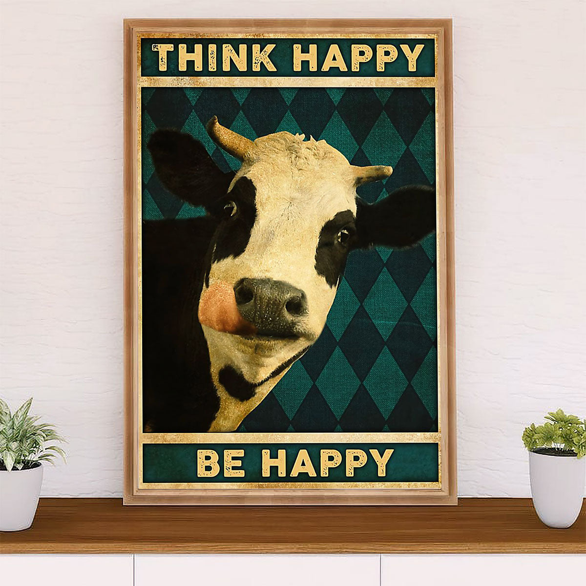 Farming Canvas Wall Art Prints | Cow - Think Happy, Be Happy | Home Décor Gift for Farmer