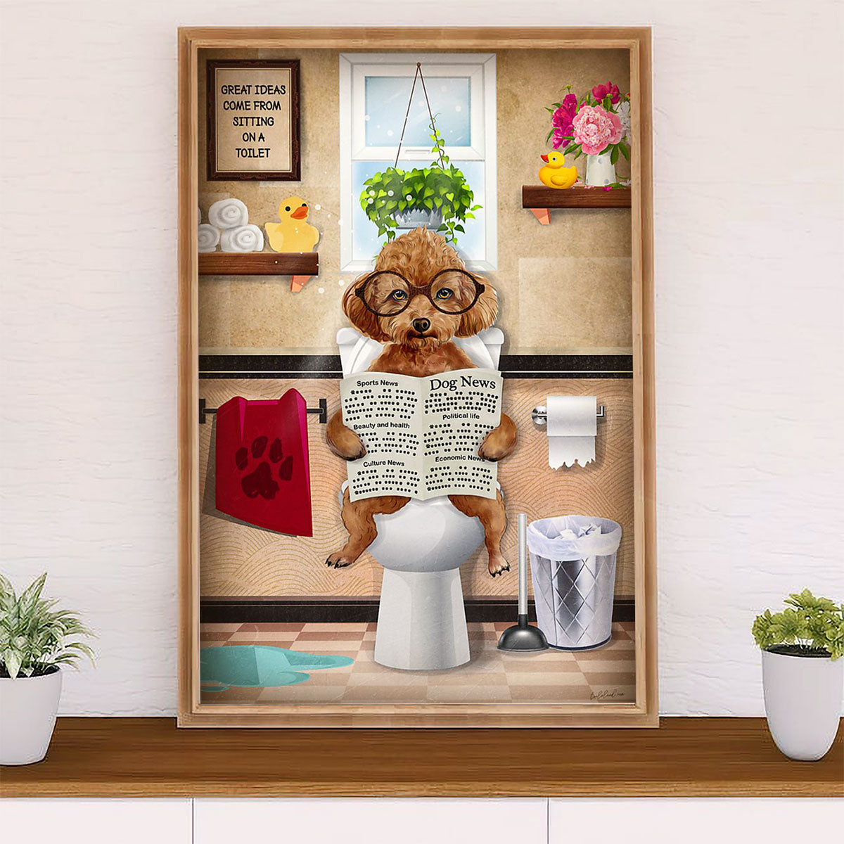Funny Poodle in Toilet Dog Canvas Wall Art Prints | Home Décor Gift for Poodle Puppies Lover