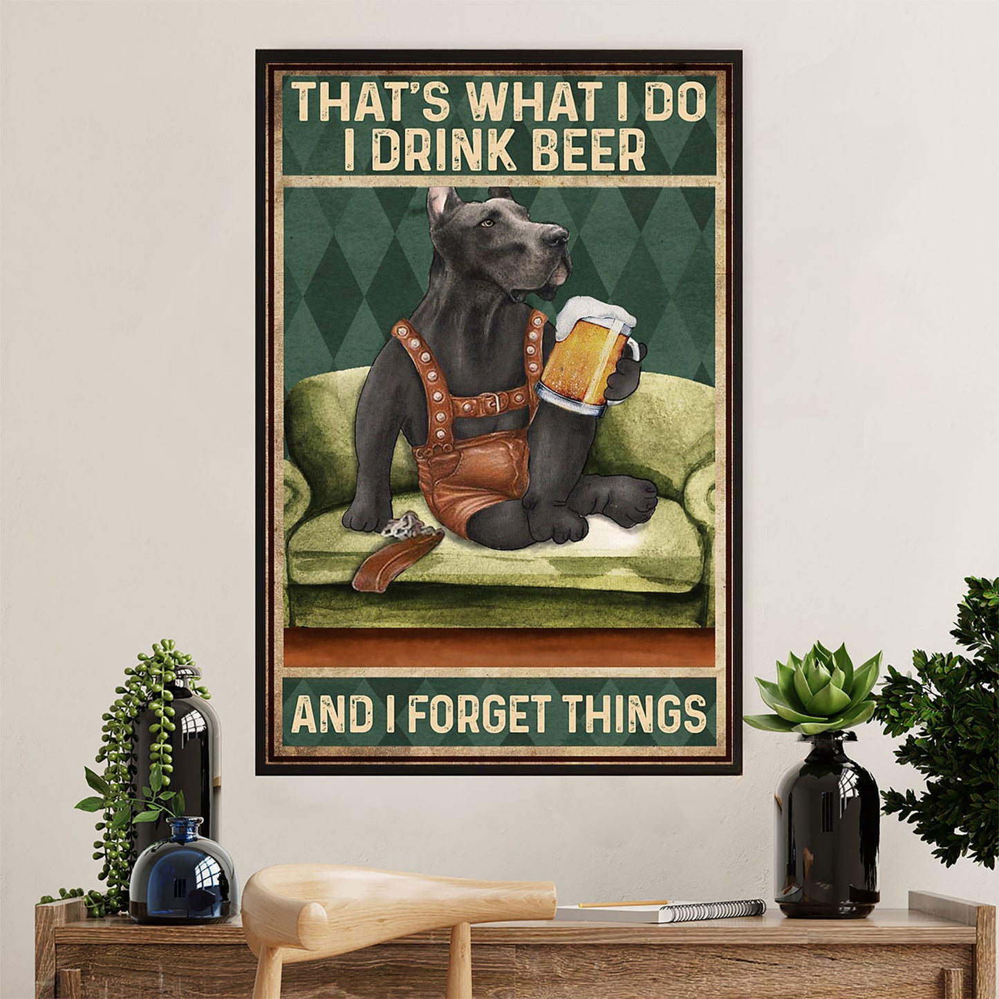 Great Dane Canvas Prints | Dog Drinks Beer, Forget Things | Wall Art Gift for Great Dane Puppies Lover