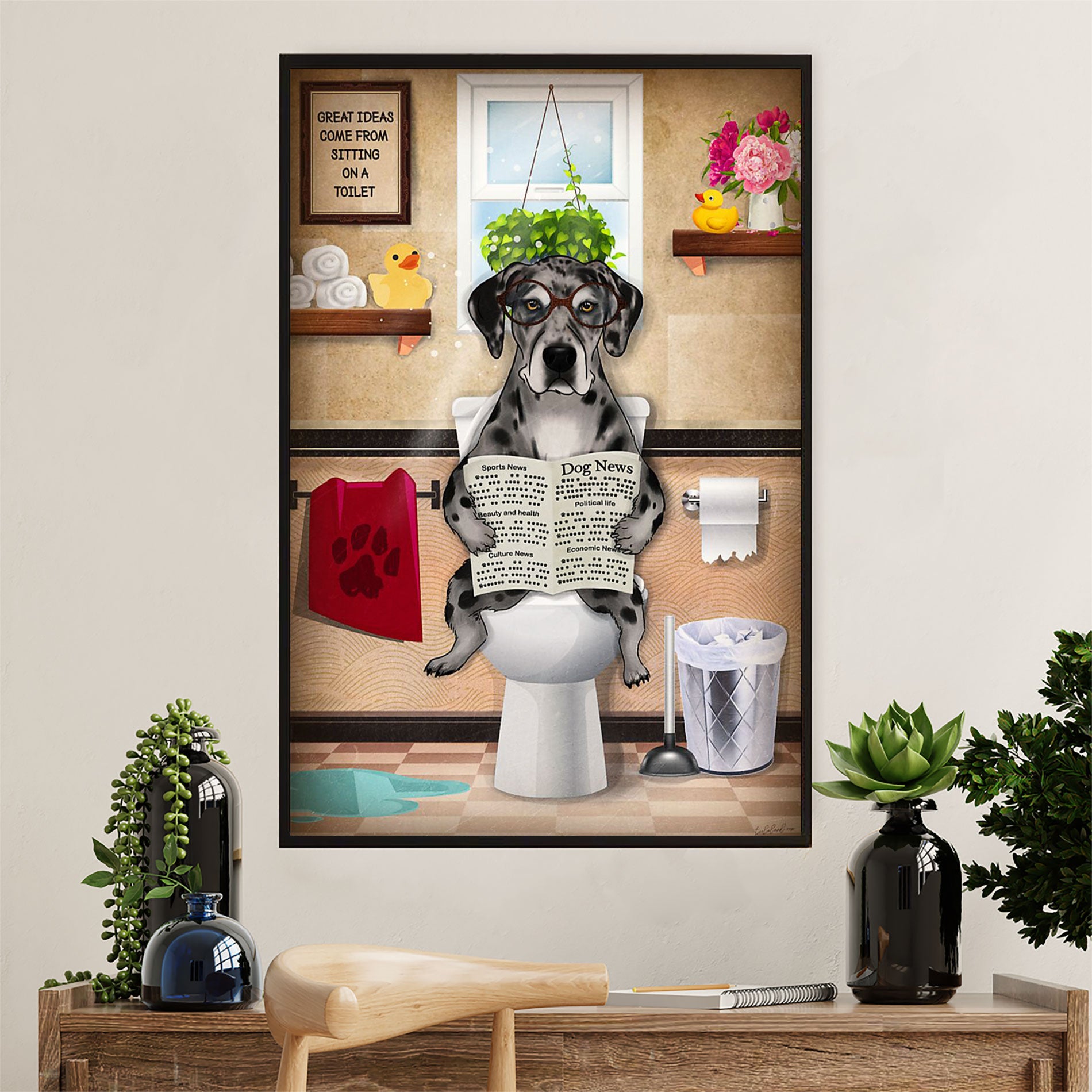 Great Dane Canvas Prints | Funny Dog in Toilet | Wall Art Gift for Great Dane Puppies Lover