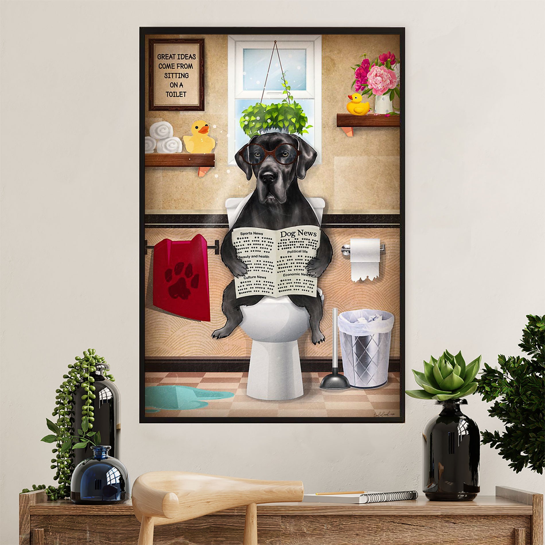 Great Dane Canvas Prints | Funny Dog in Toilet | Wall Art Gift for Great Dane Puppies Lover