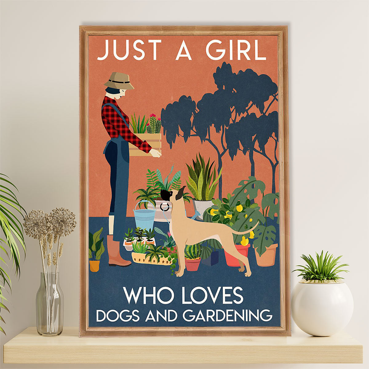 Great Dane Poster Prints | Girl Loves Dogs & Gardening | Wall Art Gift for Great Dane Puppies Lover