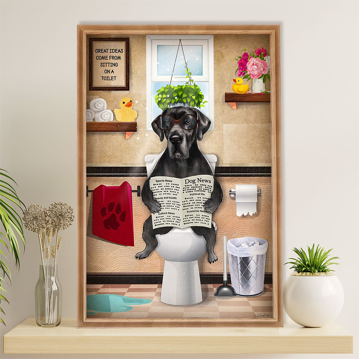 Great Dane Canvas Prints | Funny Dog in Toilet | Wall Art Gift for Great Dane Puppies Lover