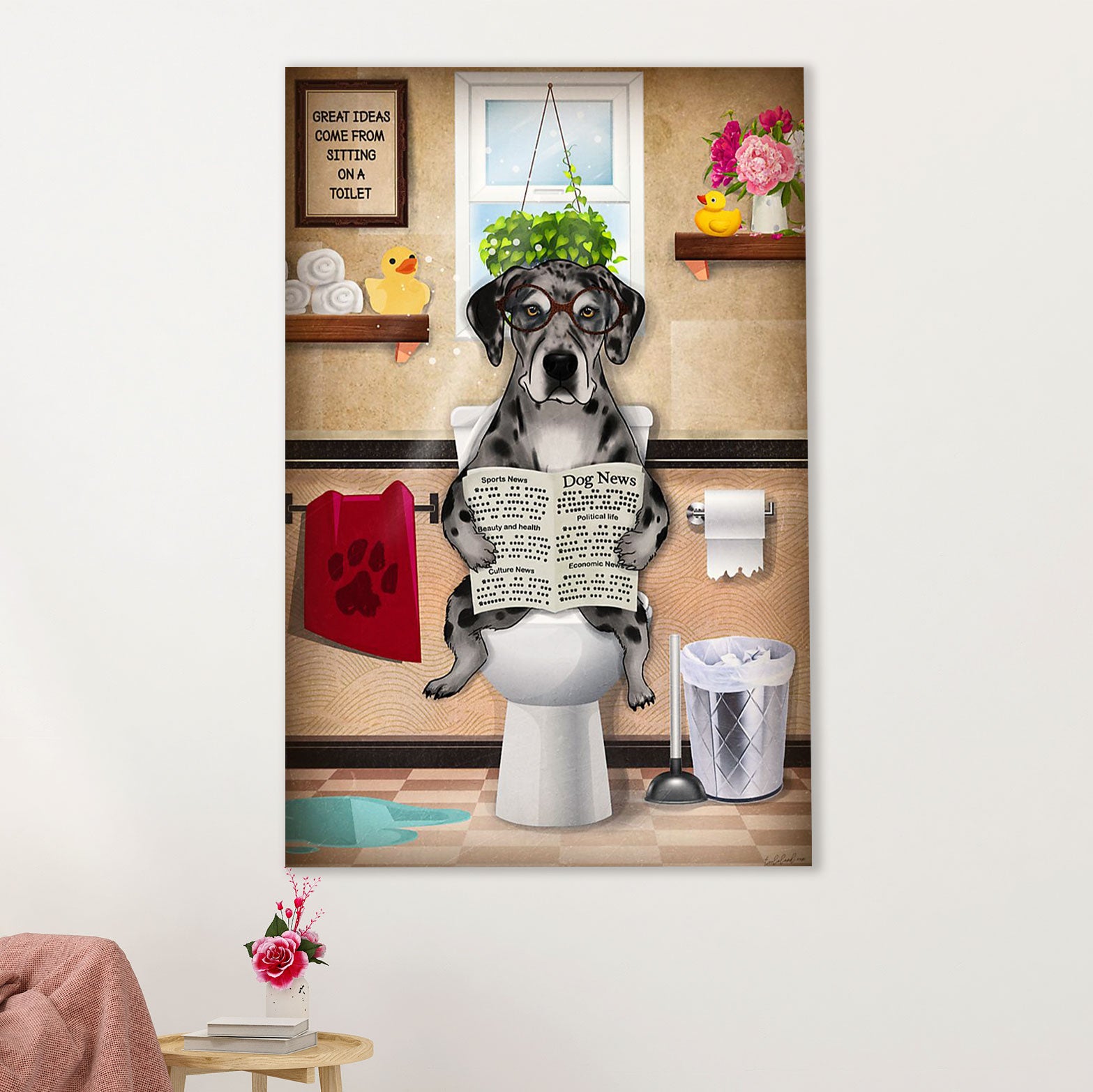Great Dane Canvas Prints | Funny Dog in Toilet | Wall Art Gift for Great Dane Puppies Lover