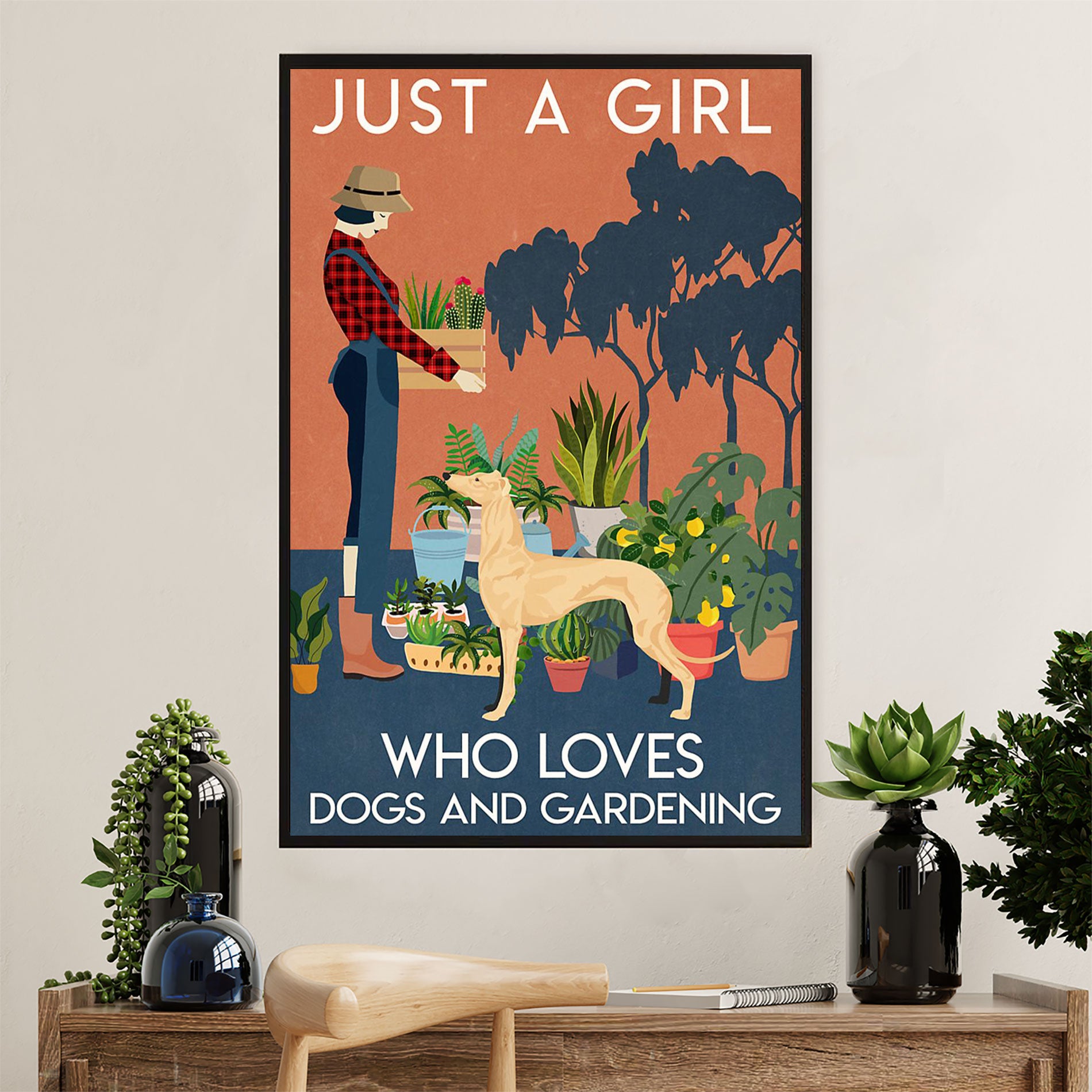 Greyhound Dog Canvas Prints | Girl Loves Dogs & Gardening | Wall Art Gift for Greyhound Puppies Lover