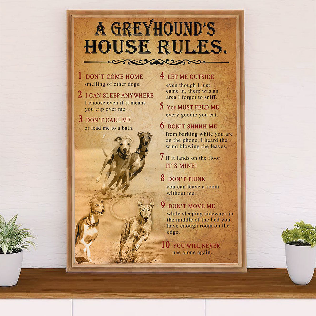 Greyhound Dog Canvas Prints | Greyhound's House Rules | Wall Art Gift for Greyhound Puppies Lover