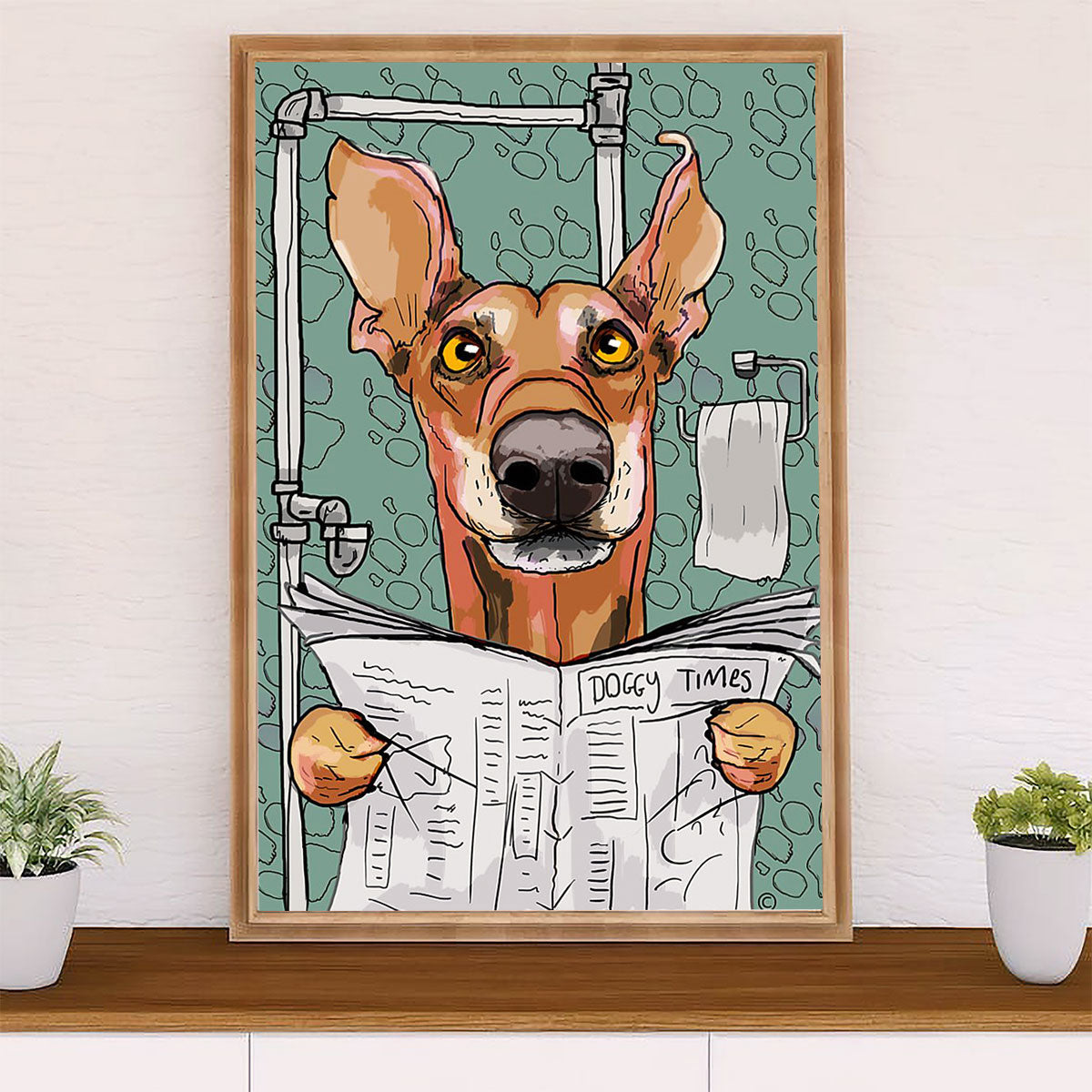Greyhound Dog Canvas Prints | Funny Dog in Toilet Doggy Times | Wall Art Gift for Greyhound Puppies Lover