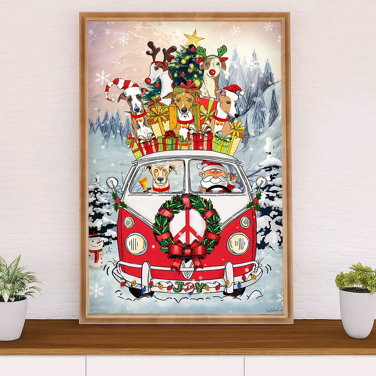 Greyhound Dog Canvas Prints | Funny Dog Christmas Tree Santa Claus | Wall Art Gift for Greyhound Puppies Lover