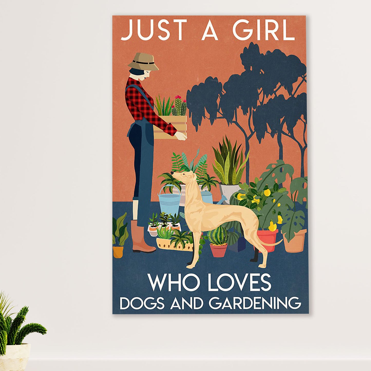Greyhound Dog Poster Prints | Girl Loves Dogs & Gardening | Wall Art Gift for Greyhound Puppies Lover