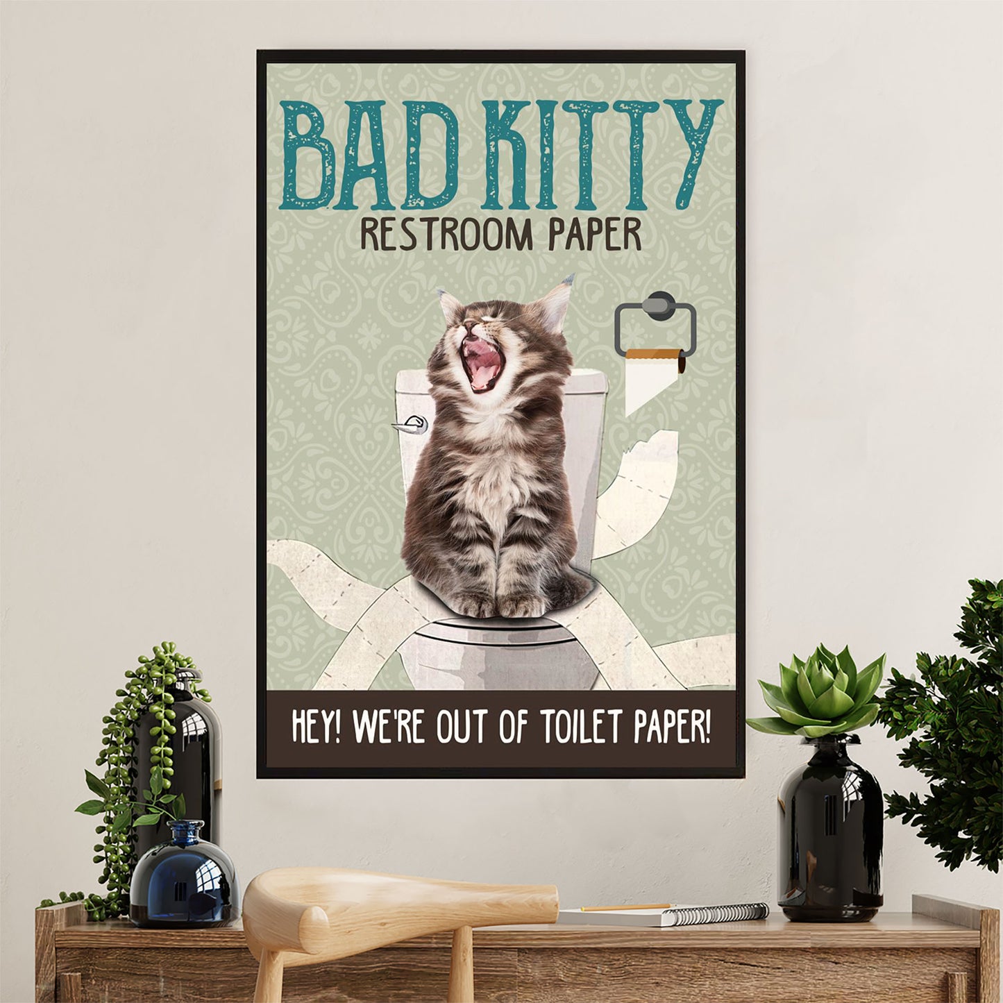 Cute Cat Canvas Prints | Funny Kitty Restroom | Wall Art Gift for Cat Kitties Lover