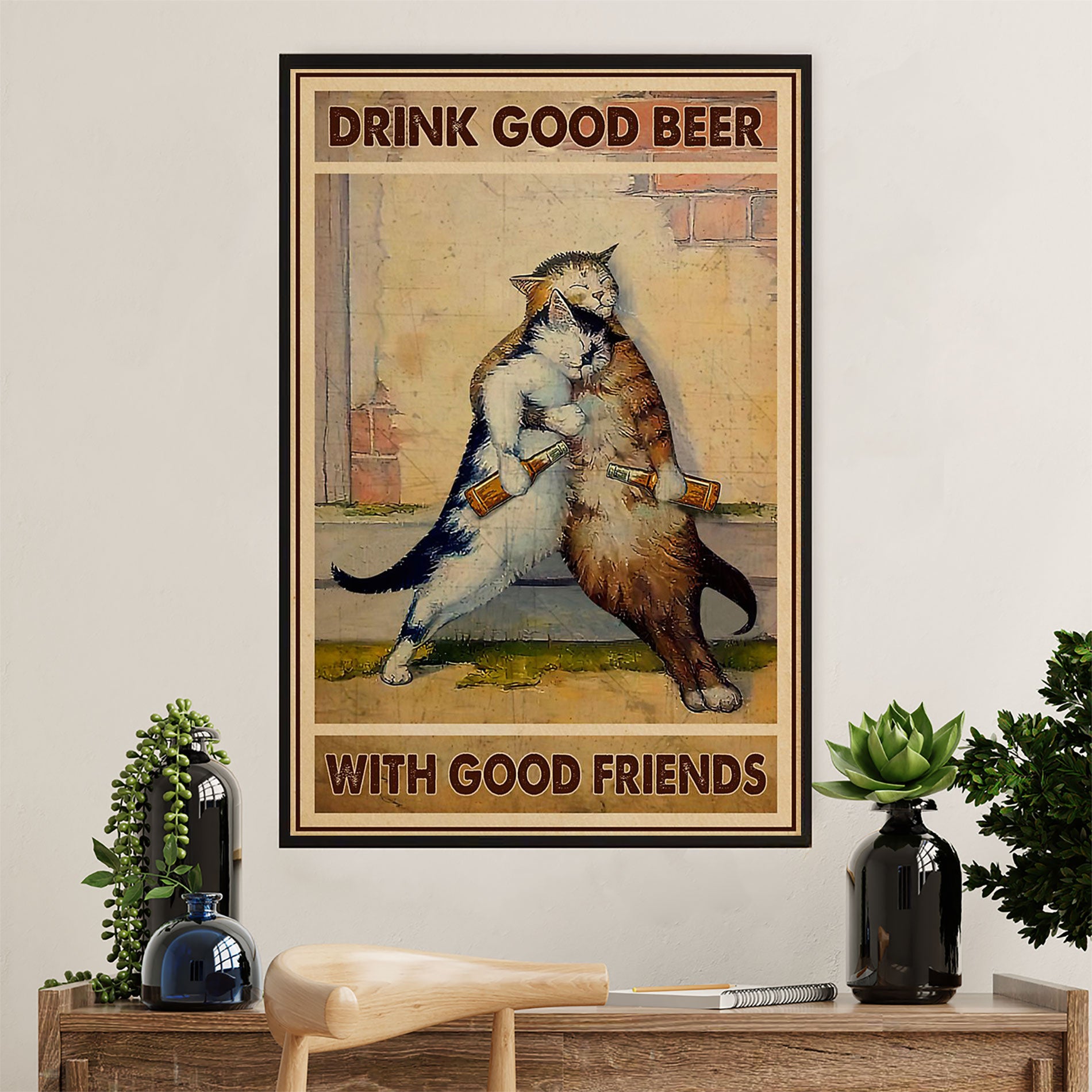 Cute Cat Canvas Prints | Funny Cats Drink Good Beer With Good Friends | Wall Art Gift for Cat Kitties Lover