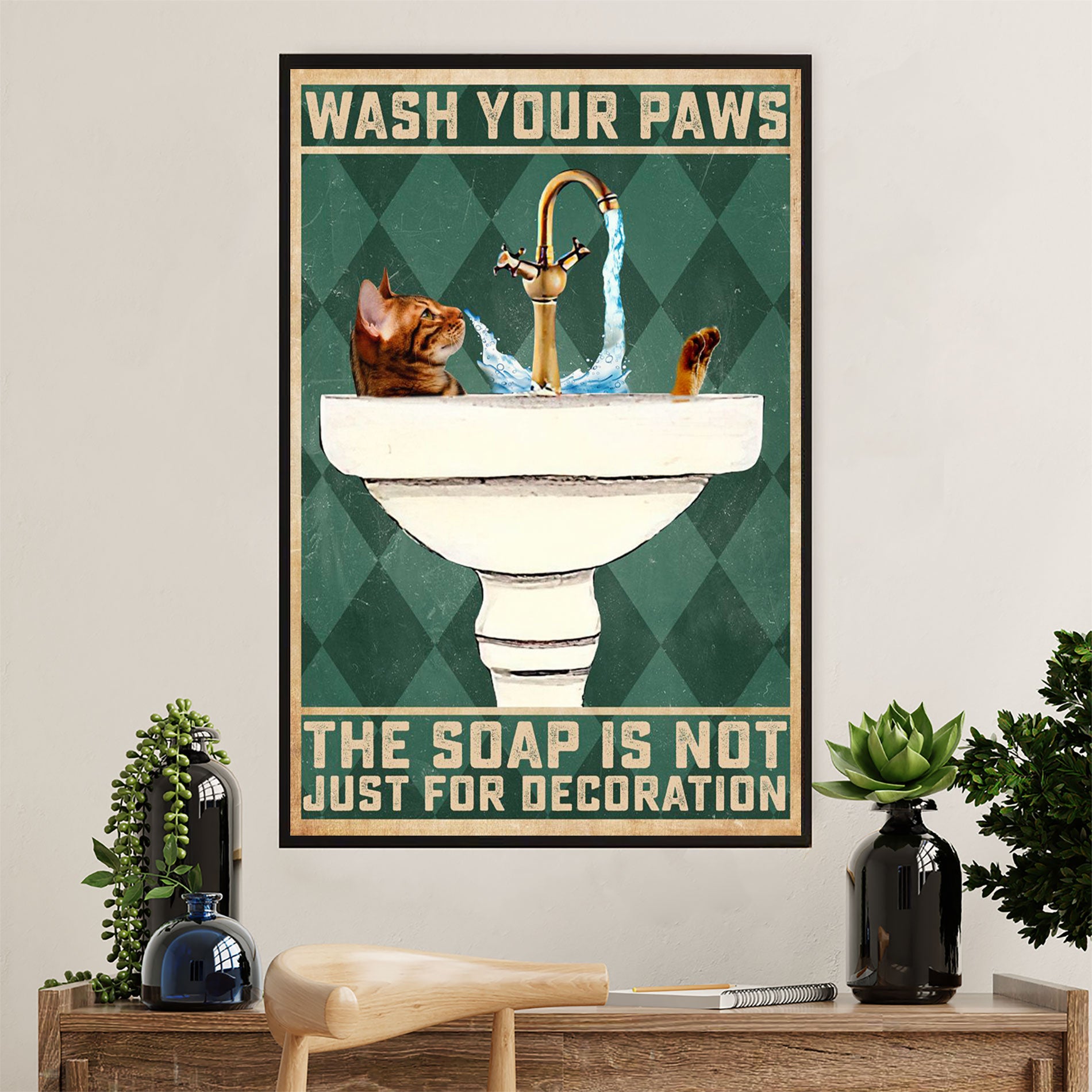 Cute Cat Canvas Prints | Wash Your Paws | Wall Art Gift for Cat Kitties Lover