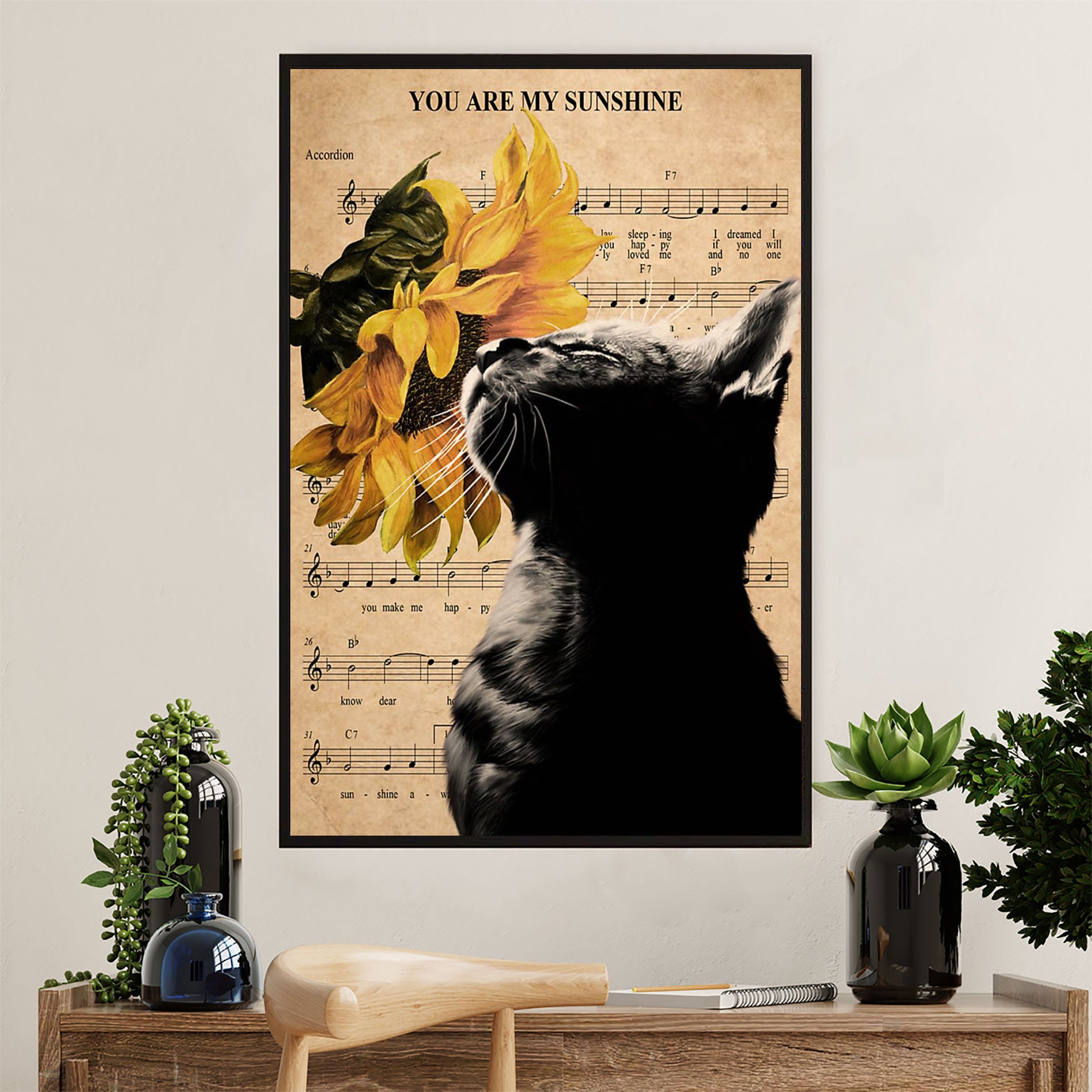 Cute Cat Canvas Prints | Cat Sunflower You Are Sunshine | Wall Art Gift for Cat Kitties Lover