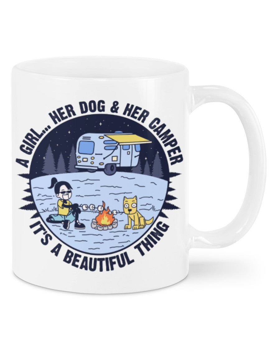 Camping Lover Coffee Mug | Girl Loves Dog & Camping | Drinkware Gift for Campers