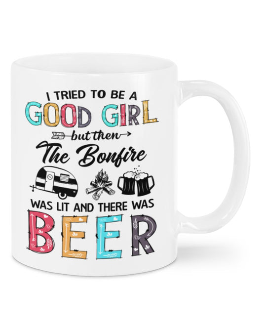Camping Lover Coffee Mug | Good Girl Loves Beer & Campfire | Drinkware Gift for Campers