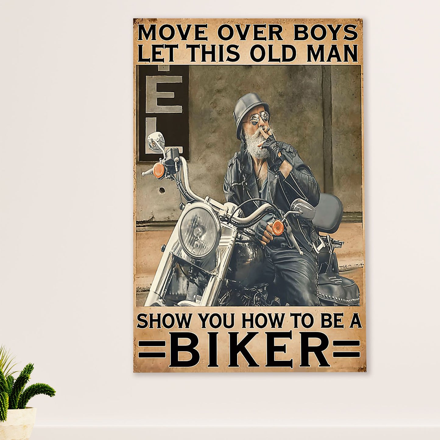 Metal Motorcycle Poster Wall Art Prints | Cool Old Man Biker | Home Decor Gift for Biker