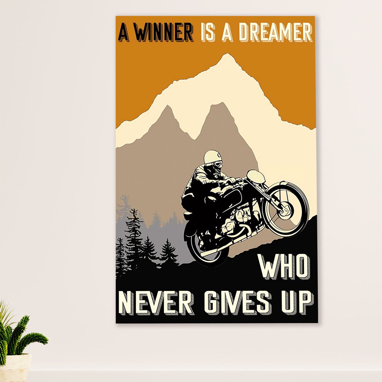 Metal Motorcycle Poster Wall Art Prints | Winner Never Gives Up | Home Decor Gift for Biker