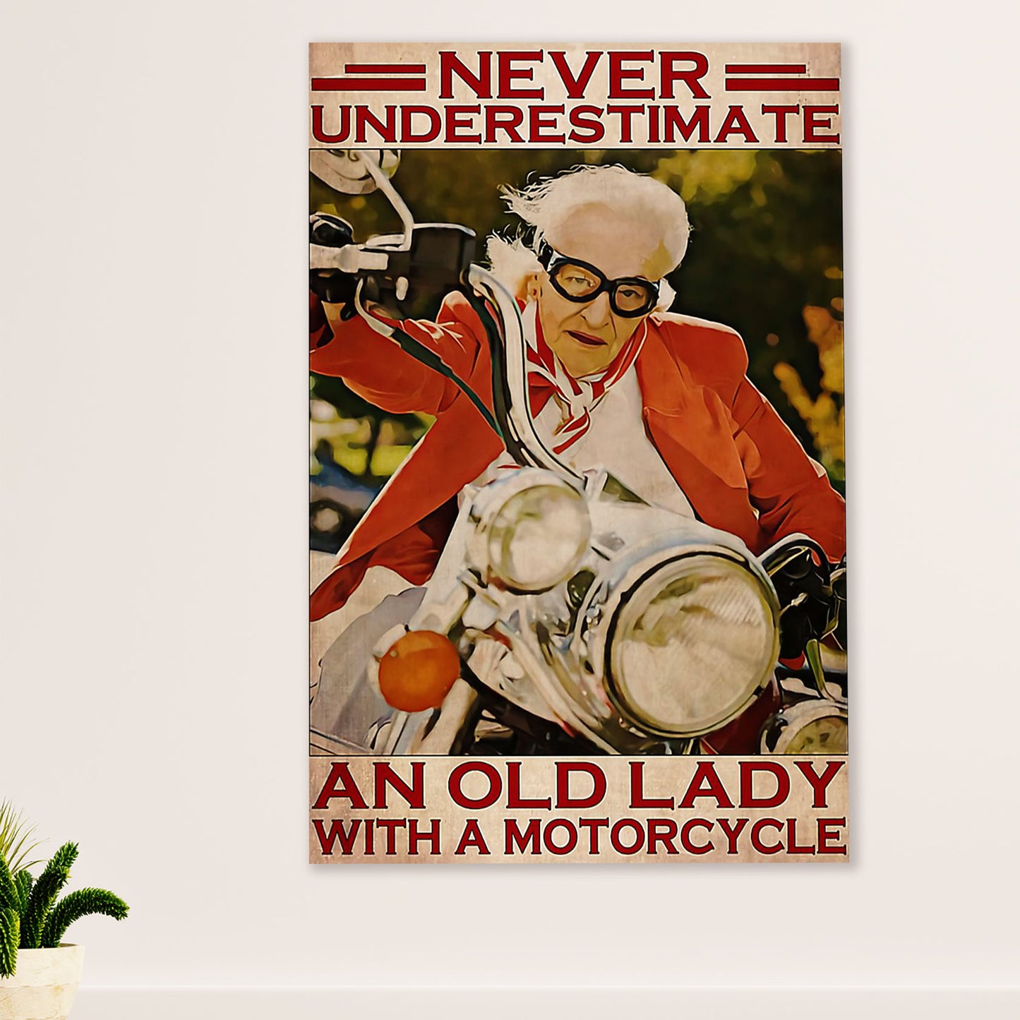Metal Motorcycle Poster Wall Art Prints | Old Lady Rider | Home Decor Gift for Biker