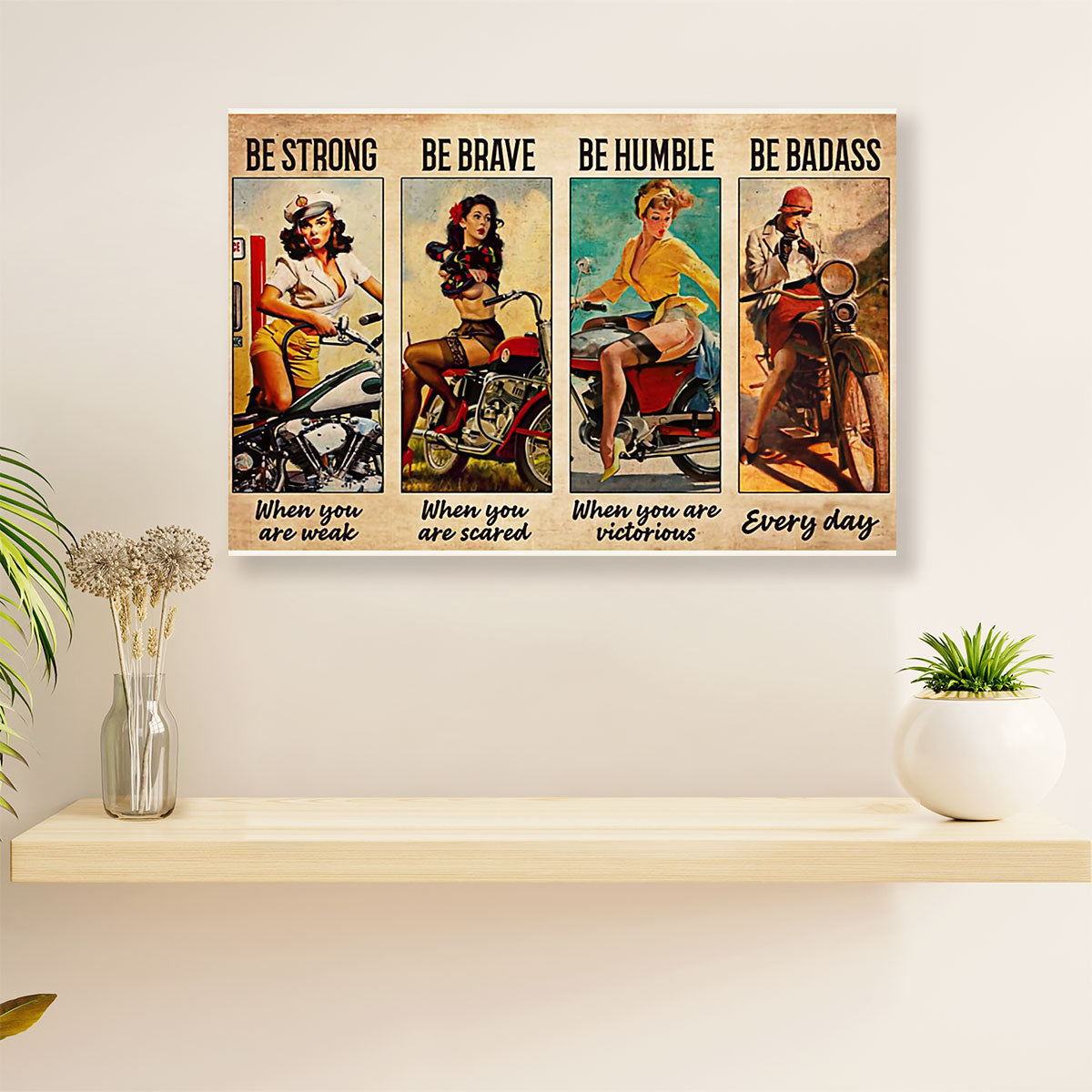 Metal Motorcycle Poster Wall Art Prints | Strong Brave Woman Rider | Home Decor Gift for Biker