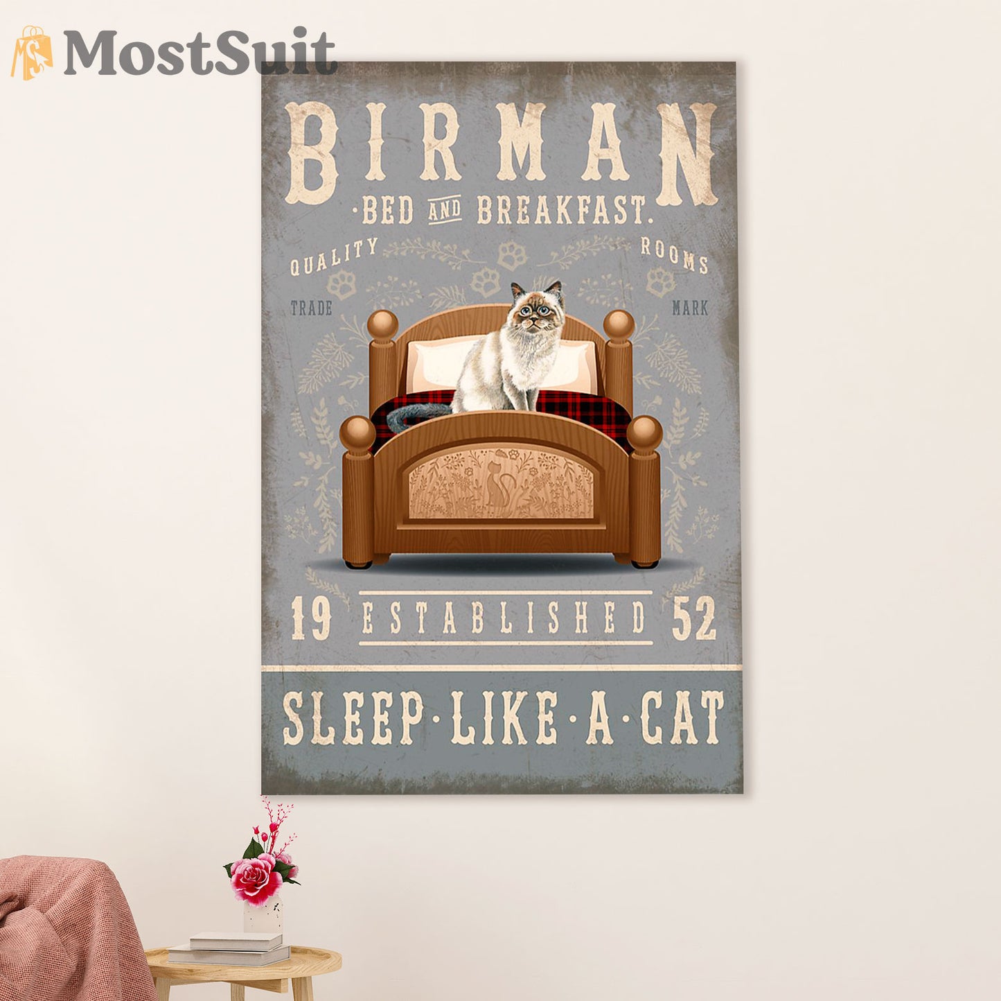 Funny Cute Cat Poster Wall Art Prints | Birman in Bed | Home Decor Gift for Cat Lover