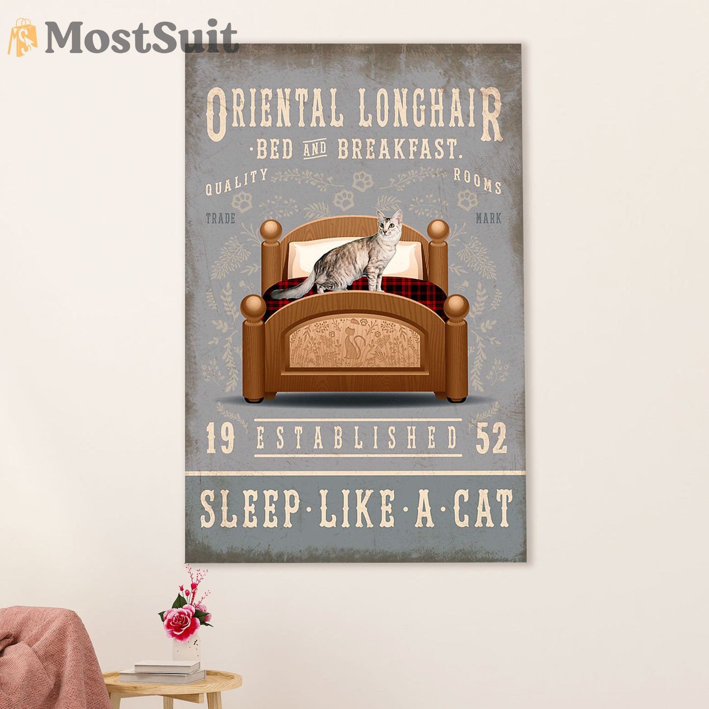 Funny Cute Cat Poster Wall Art Prints | Oriental Longhair in Bed | Home Decor Gift for Cat Lover