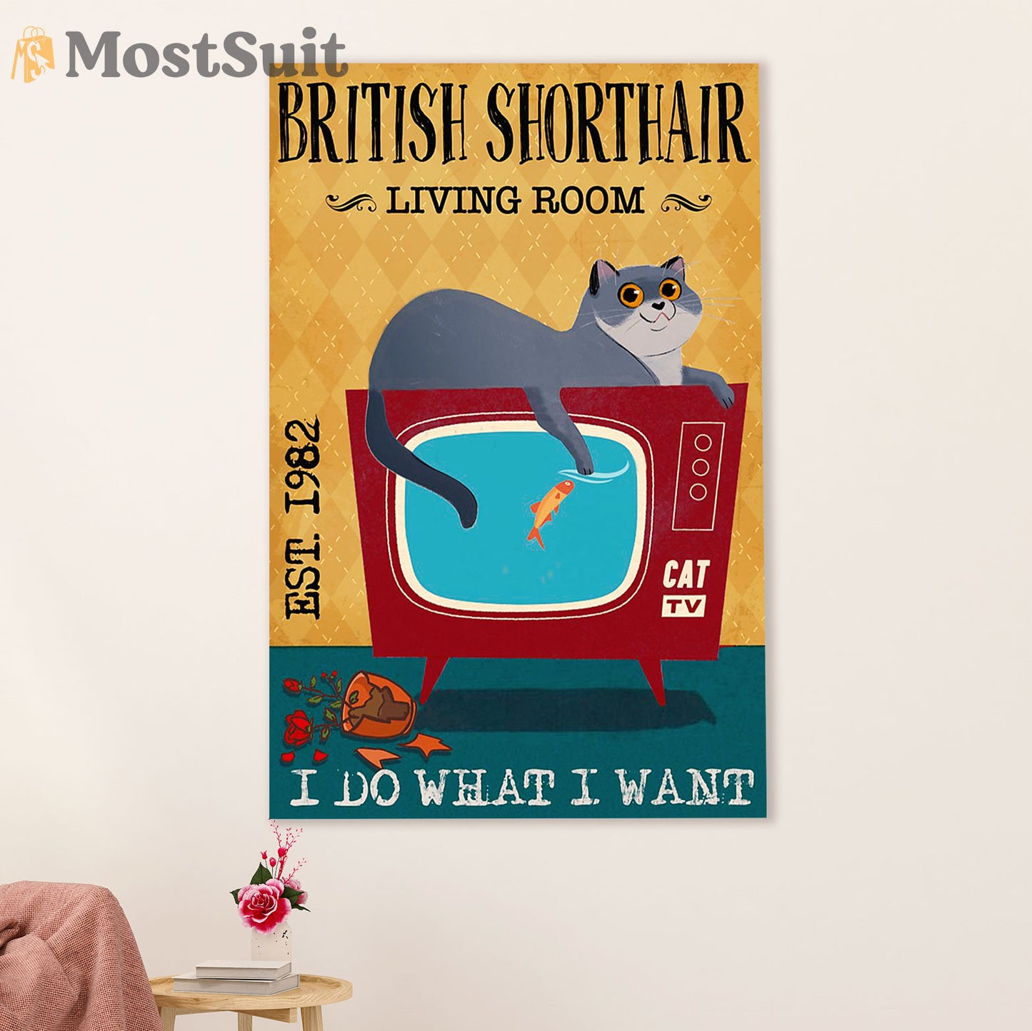 Funny Cute Cat Poster Wall Art Prints | British Shorthair in Living Room | Home Decor Gift for Cat Lover