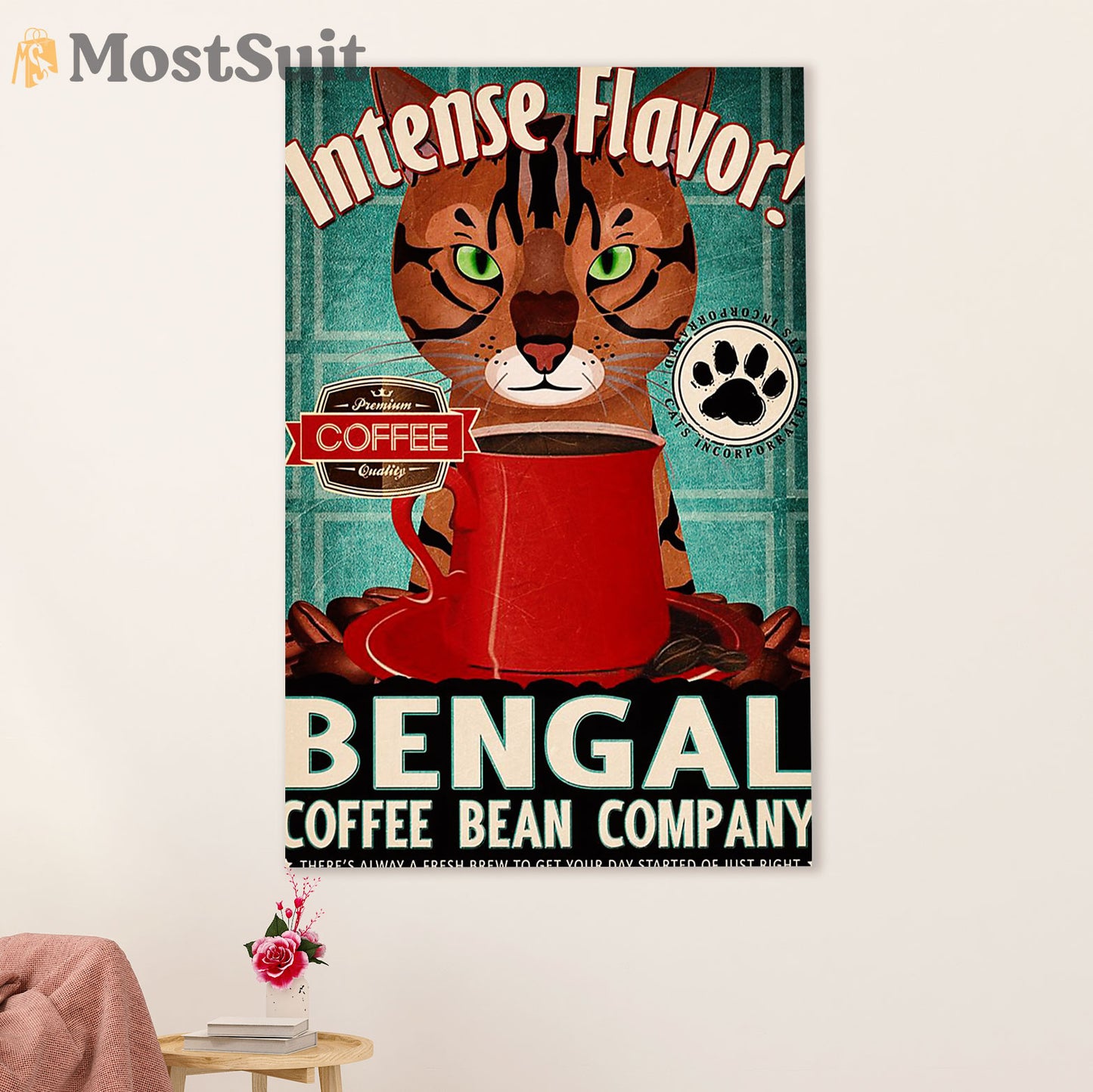 Funny Cute Cat Poster Wall Art Prints | Bengal Coffee Bean | Home Decor Gift for Cat Lover