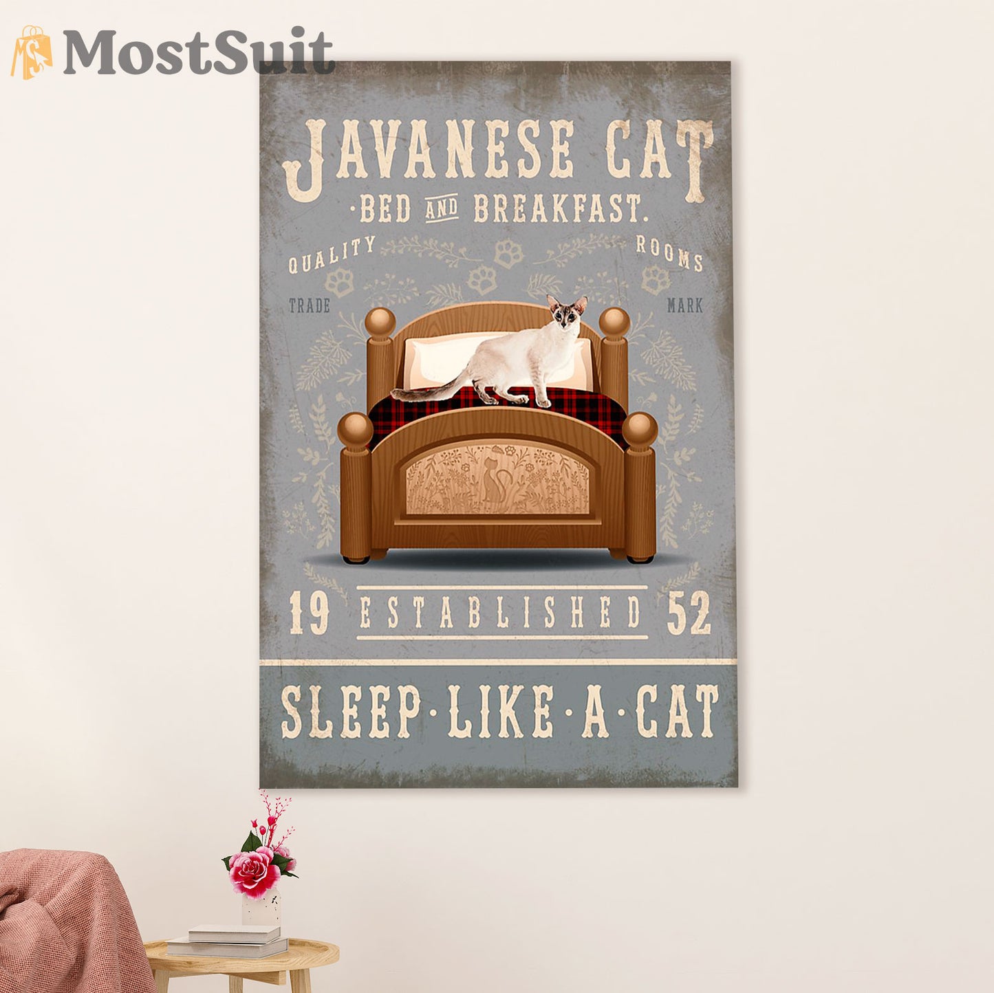 Funny Cute Cat Poster Wall Art Prints | Javanese Cat in Bed | Home Decor Gift for Cat Lover