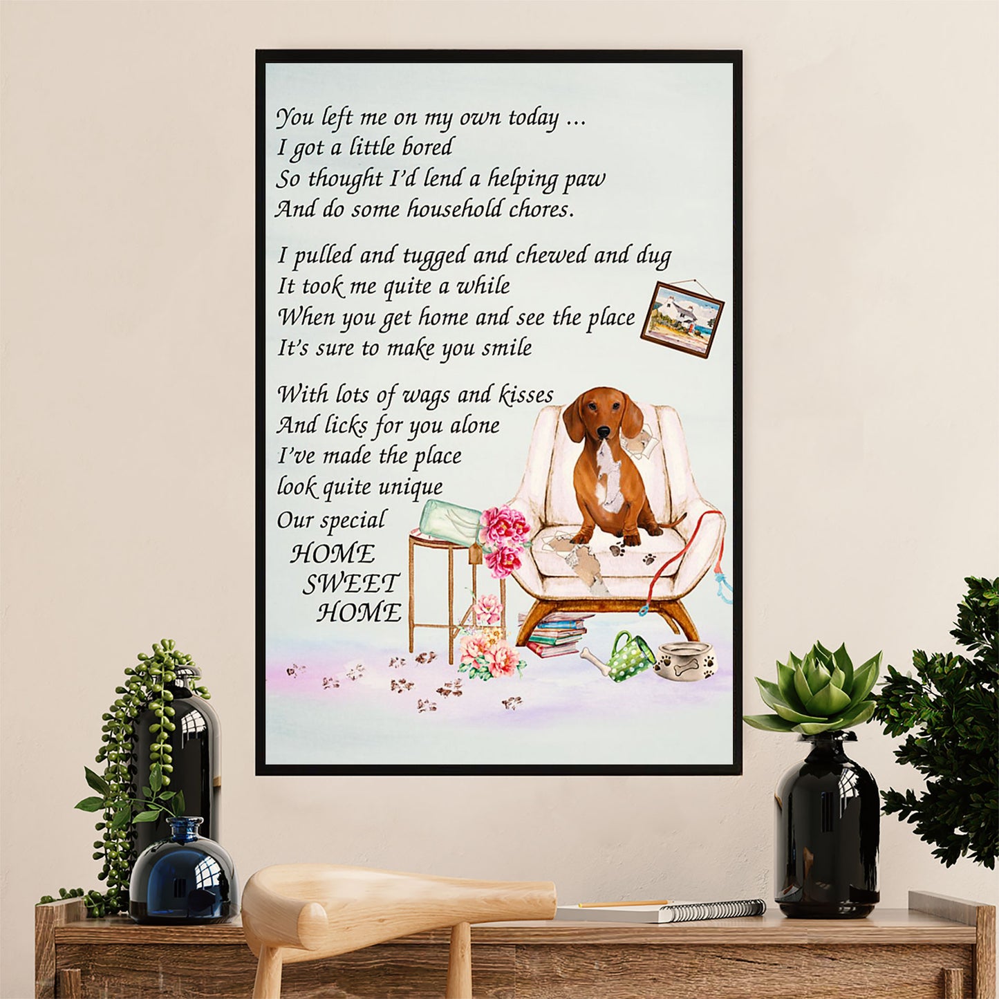 Funny Cute Dachshund Poster Wall Art Print | Home Sweet Home | Gift for Dachshund Dog Puppies Lover