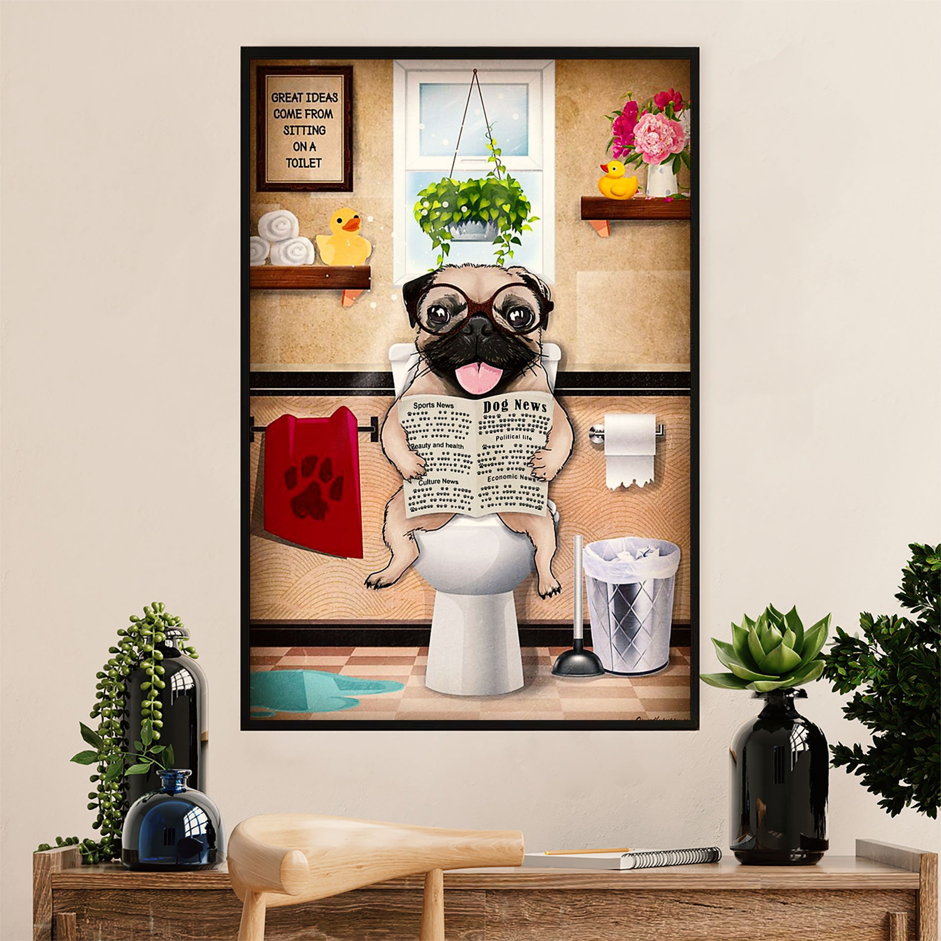 Funny Cute Pug Canvas Wall Art Print | Pug in Toilet | Gift for Pug Dog Puppies Lover