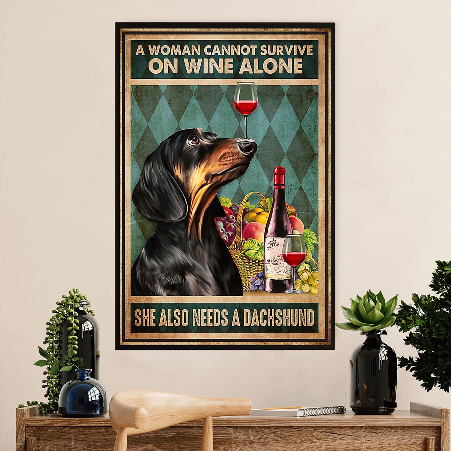 Funny Cute Dachshund Canvas Wall Art Print | Woman Loves Wine & Dachshund | Gift for Dachshund Dog Puppies Lover