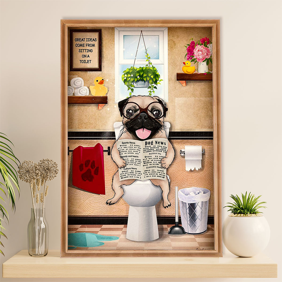 Funny Cute Pug Canvas Wall Art Print | Pug in Toilet | Gift for Pug Dog Puppies Lover