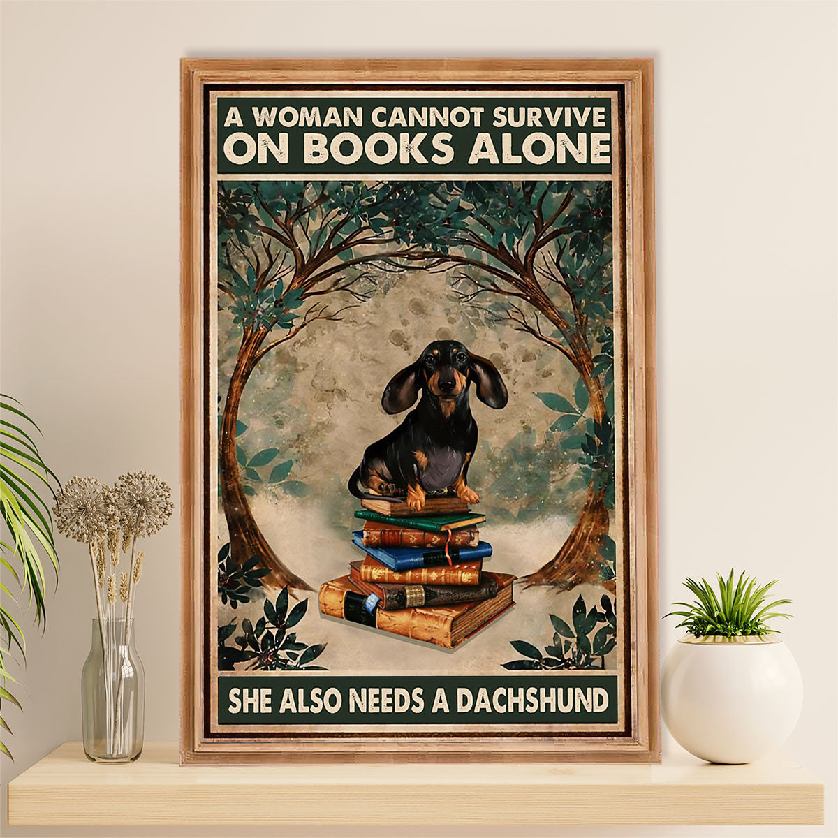 Funny Cute Dachshund Poster Wall Art Print | Woman Loves Book & Dachshund | Gift for Dachshund Dog Puppies Lover