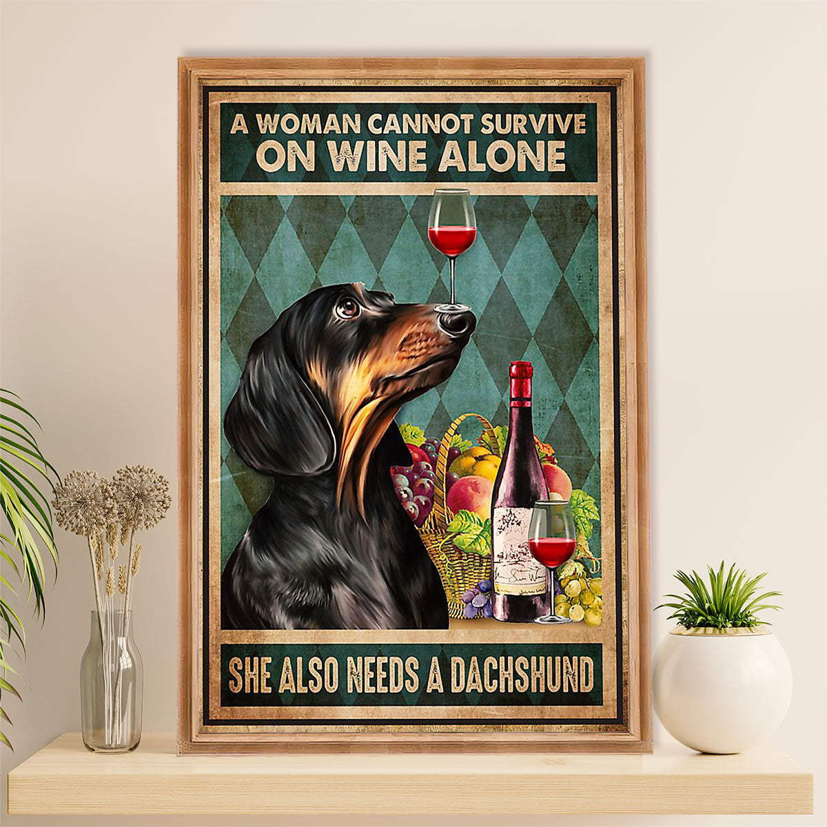 Funny Cute Dachshund Canvas Wall Art Print | Woman Loves Wine & Dachshund | Gift for Dachshund Dog Puppies Lover